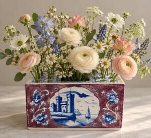 Vintage Delft England Blue White Purple Ceramic Flower Brick Vase Castle
